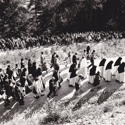 Tausende von Menschen ziehen in Prozession auf dem Hl. Berg zur Karmelweihe.
